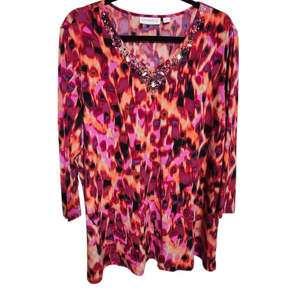 Susan Graver Womens XL Shirt Tunic Abstract Pattern Jeweled V-neckline - Picture 3 of 9